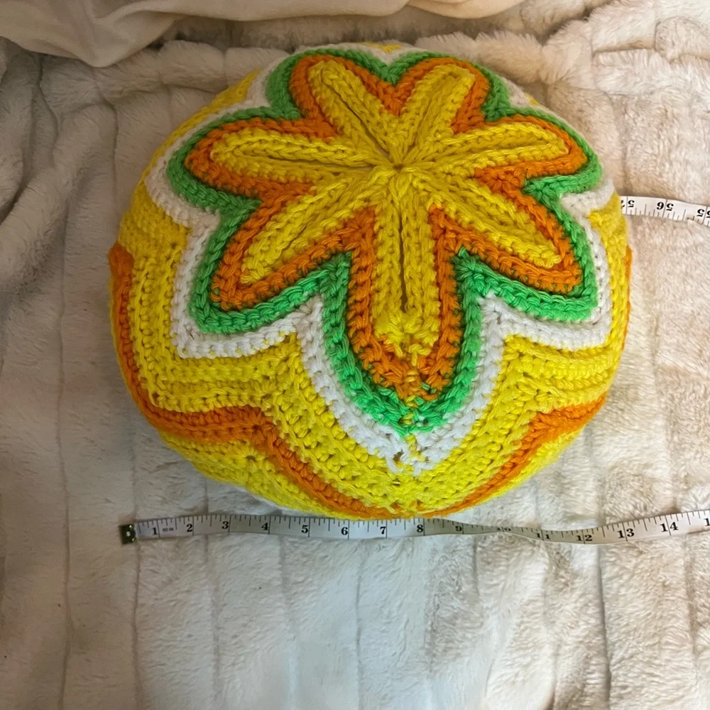 VTG Crochet Handmade Hippie Boho Yellow Green White Pom Decor Throw Neon Pillow